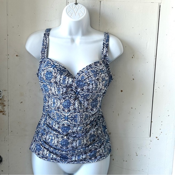 Nip Tuck Blue & White Print Tankini Swim Top - Picture 4 of 11